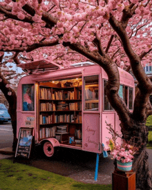 a pink trailer with the word library on the side