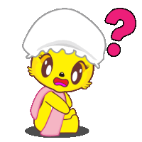 a yellow cartoon character with a white hat and a pink question mark above her head