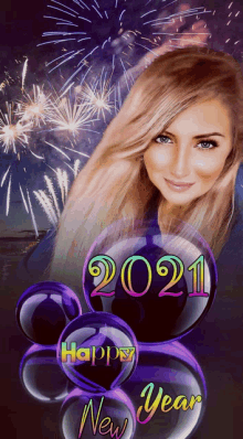 a woman is surrounded by purple balloons and the year 2021