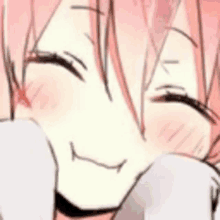 a close up of a pink haired anime girl with her eyes closed and a smile on her face .