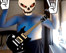 a cartoon drawing of a skull holding a guitar