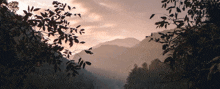 a sunset over a valley with trees and mountains in the background