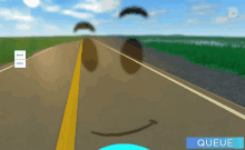 a road with a smiley face and a queue button in the corner