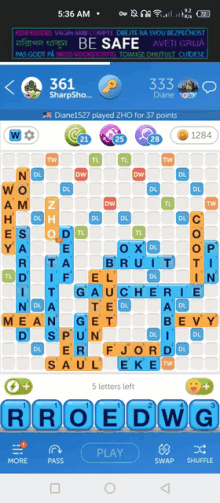 a screenshot of a word game on a phone with the number 361 on it