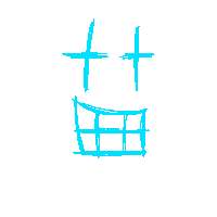 a blue drawing of a smiley face with two crosses on it