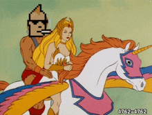 a cartoon of a man riding a unicorn with a woman on it .