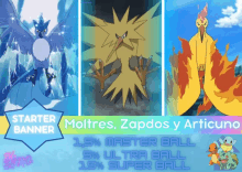 a starter banner for moltres zapdos y articuno shows three pokemon