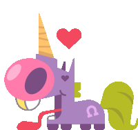 a purple unicorn with a pink nose and a green tail has a heart above its head