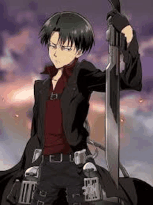 levi ackerman from attack on titan is holding a large sword in his hand .