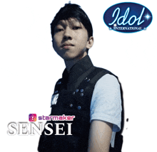 a poster for idol international shows a young man named sensei