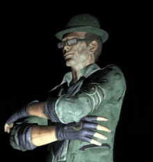 a man in a green hat and gloves with a question mark on his arm