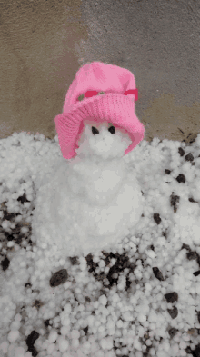 a snowman wearing a pink hat is surrounded by snow