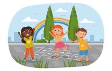 a boy and two girls are playing hopscotch on the sidewalk with a rainbow in the background