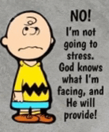 a cartoon of charlie brown says no i 'm not going to stress god knows what i 'm facing