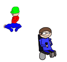 a cartoon of a man in a green hat and a man in a blue shirt sitting in a wheelchair