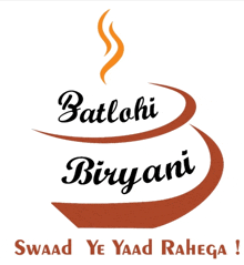 a logo for batlohi biryani shows a bowl of food with smoke coming out of it