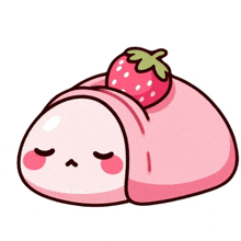 a cartoon drawing of a pink mochi with a strawberry on top of it .