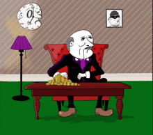 a cartoon of a man sitting in a chair with a pile of gold coins on a table