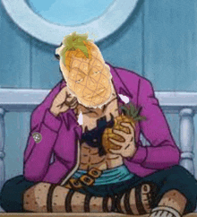 a man in a purple jacket is sitting on the floor holding a pineapple with his face on it .