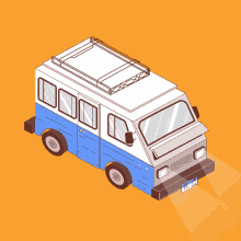 an isometric drawing of a blue and white van with a roof rack and a license plate that says tcw jds