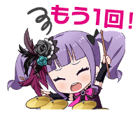 a cartoon girl with purple hair is holding a drum stick and playing drums .