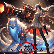 a woman holding a gun standing next to a wolf and the words museumbola