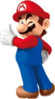 mario is giving a thumbs up and smiling while wearing overalls and a red hat .