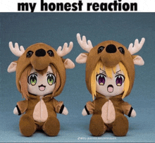 two stuffed reindeer are sitting next to each other with a caption that says my honest reaction