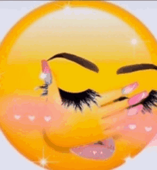 a yellow smiley face with long eyelashes and pink nails covering its face with its hand .