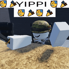 a picture of a soldier with a sign that says yippi on it