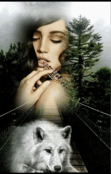 a woman with a necklace and a wolf laying on a bridge