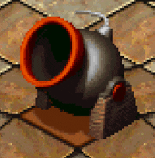 a pixel art image of a cannon with a red ring around it