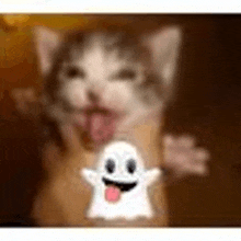 a cat with its tongue out is holding a ghost .