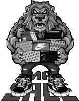 a black and white illustration of a lion holding a stack of shoes including nike and converse