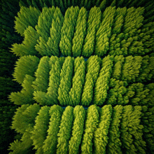 an aerial view of a lush green forest with trees in a row