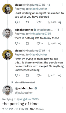 a screenshot of a twitter conversation with shisui and jack butcher