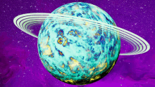 a colorful planet with a white ring around it on a purple background