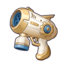 a cartoon illustration of a gold and white water gun with a blue barrel .