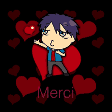 a cartoon of a boy holding a red heart with the word merci written below him