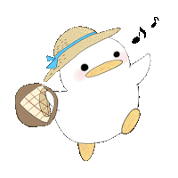 a cartoon duck wearing a straw hat is holding a basket and singing .