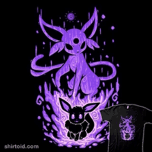 a t-shirt with a purple eevee and a black eevee