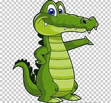 a cartoon crocodile is standing on a transparent background and pointing at something .