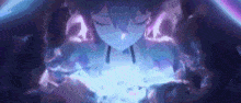 a close up of a person 's face with a blue light coming out of her chest .