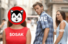 a man and a woman are standing next to each other and the woman is wearing a red dress that says $ sosak on it