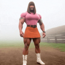 a very muscular man is dressed as dora the explorer .