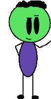 a stick figure with a green head and a purple body is standing with his hands on his hips .