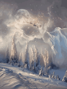 a painting of santa flying over a snowy forest with the website alfaart.com