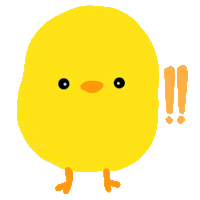 a yellow chick with orange feet is standing next to an exclamation point on a white background