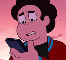 steven universe is a cartoon character that is holding a cell phone in his hand .