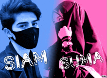 a man wearing a mask is next to a woman wearing a hijab and the words siam suma are on the bottom